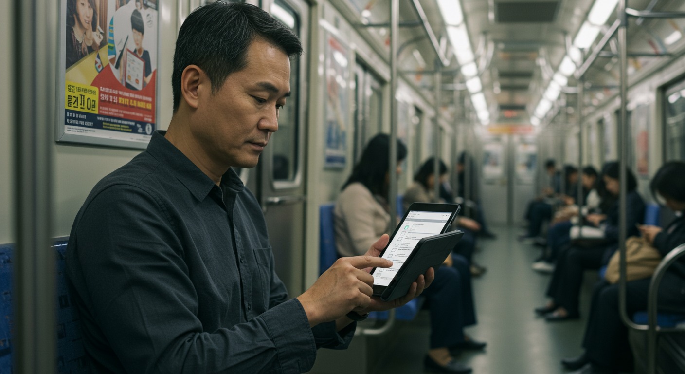 대중교통 안에서 태블릿으로 체크리스트를 검토하는 침착한 한국인의 모습