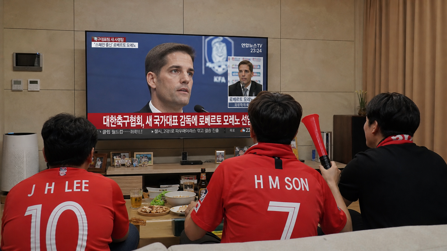 한국 축구팬들이 로베르트 모레노 감독 임명 뉴스를 TV로 시청하는 모습
