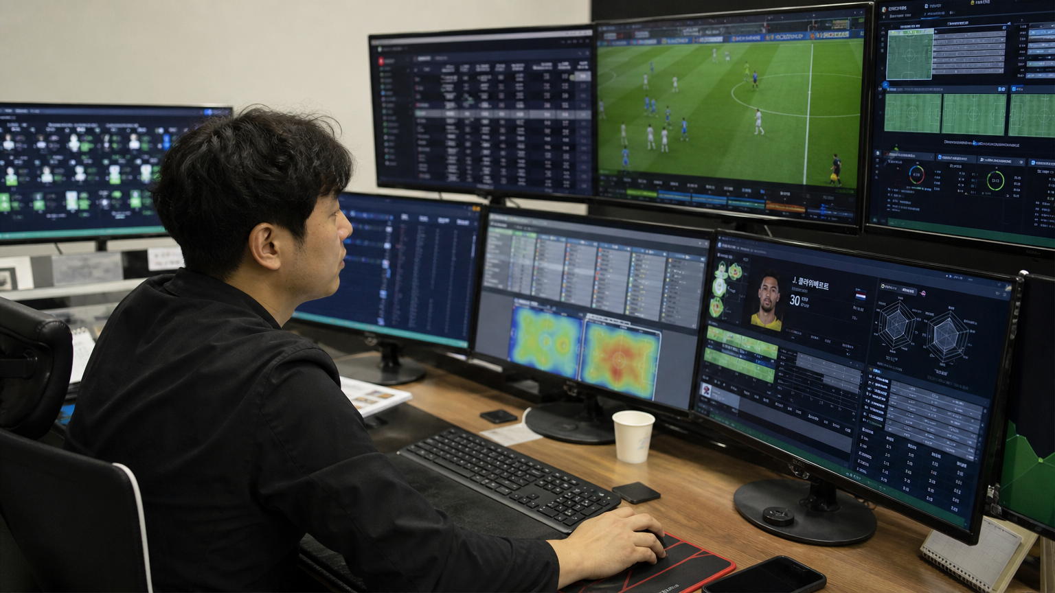 컴퓨터에서 선수 데이터를 분석 중인 한국 축구 분석가의 모습