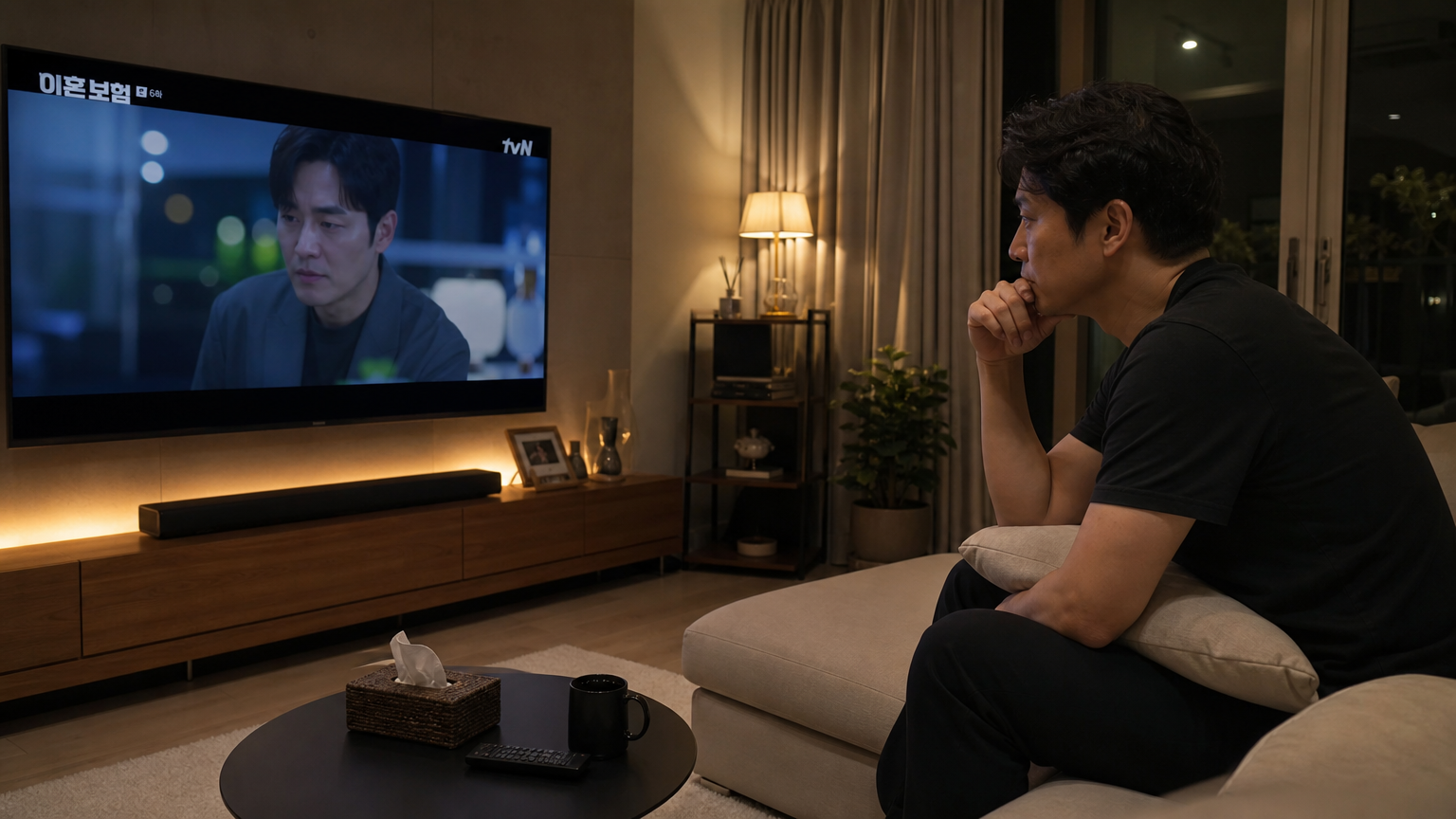 40대 한국 남성이 따뜻한 조명 아래 거실에서 TV 프로그램을 시청하는 모습