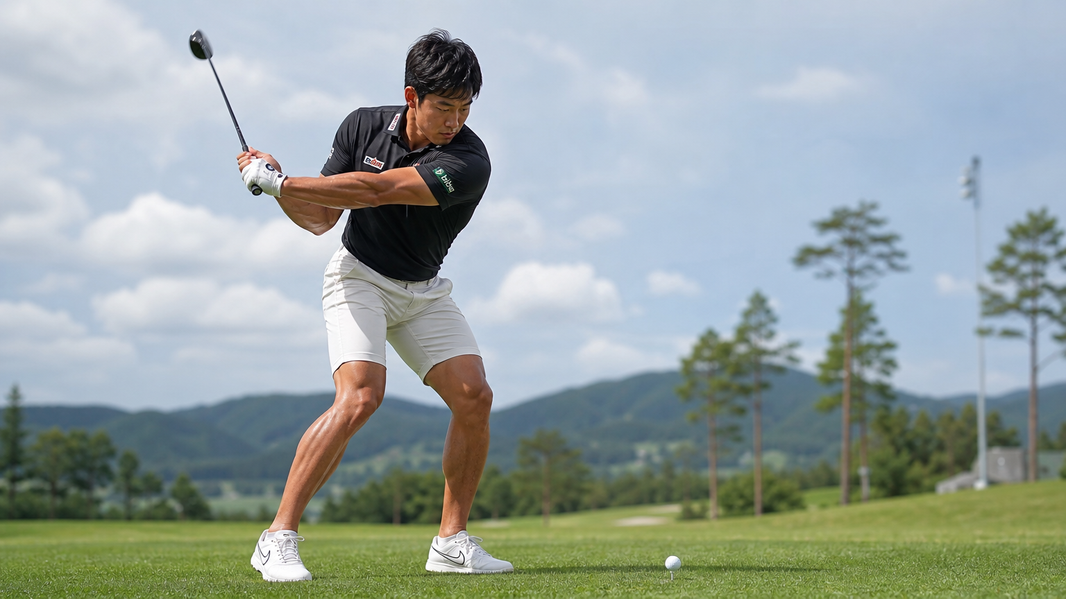 지면 반력을 활용하여 힘찬 스윙을 하는 한국 골퍼