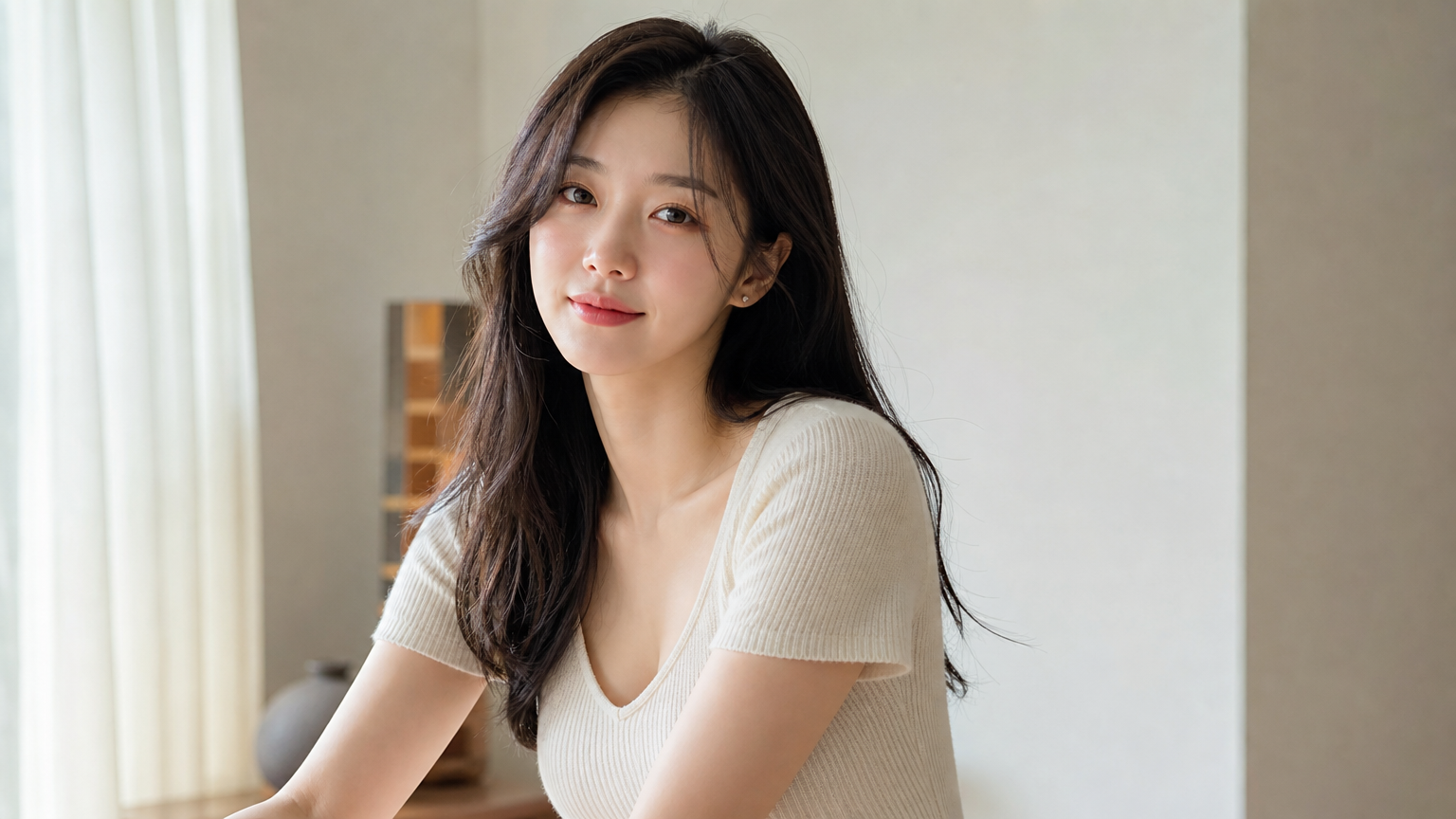 부드러운 니트 반팔 톱을 입고 실내 자연광 아래 서있는 여배우의 모습