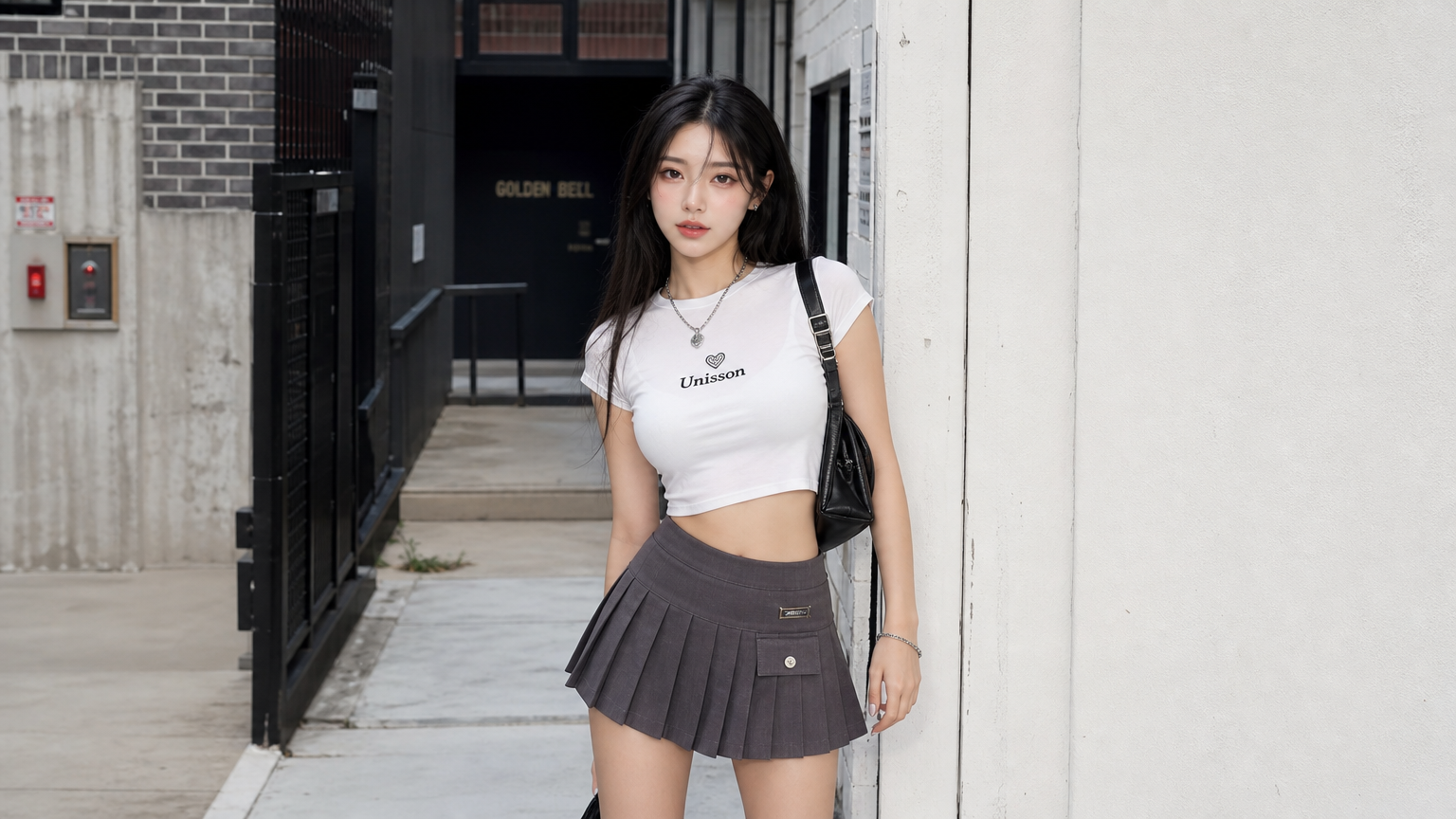 플리츠 미니스커트를 입고 크롭티와 액세서리를 매치한 모델의 도시 배경 사진