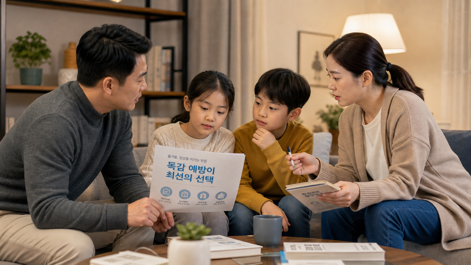 현대 한국 가족이 거실에서 건강 및 독감 예방 전략을 논의하는 모습