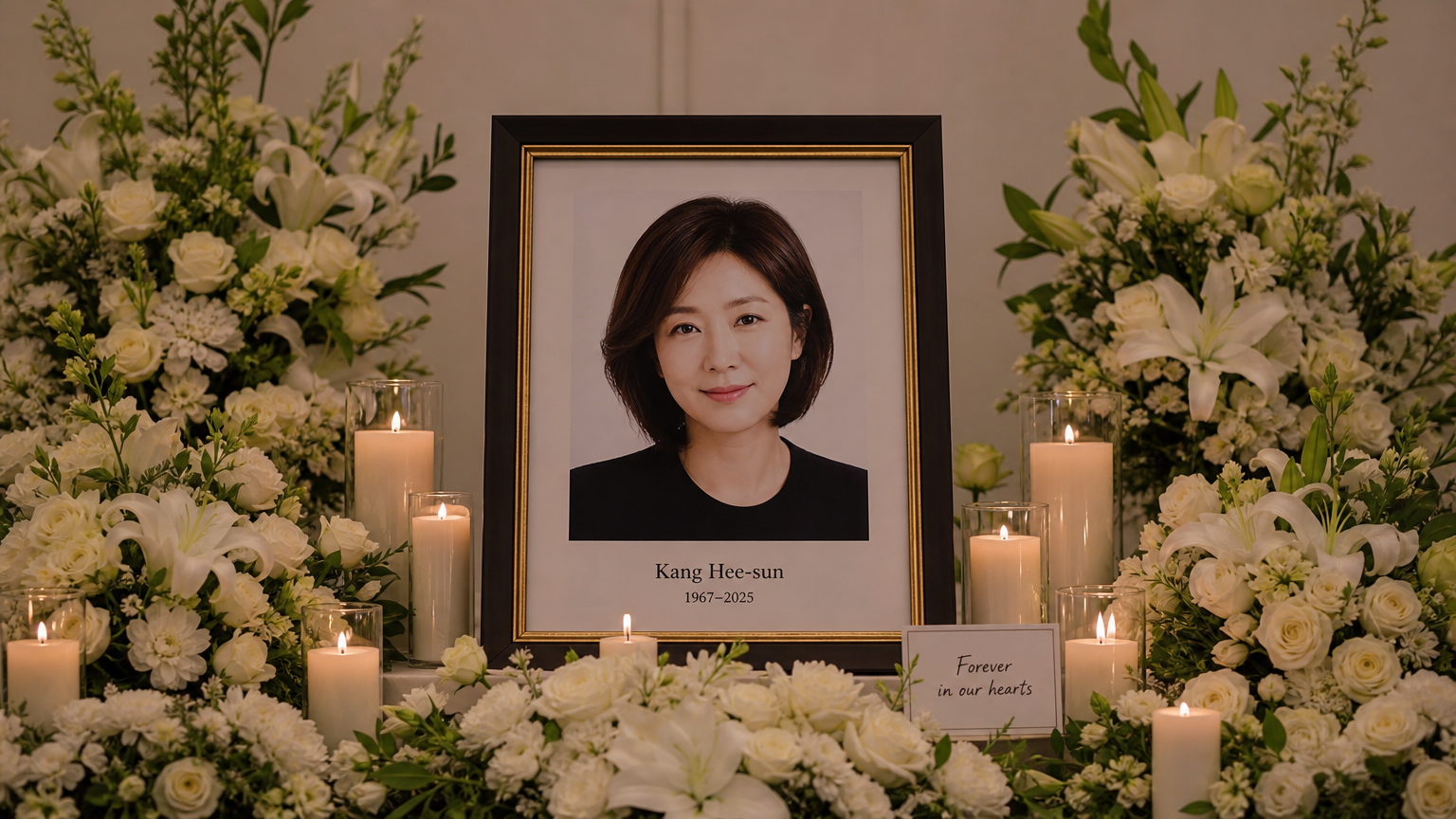 흰 꽃과 촛불로 장식된 탁자 위에 놓인 강희선 성우님의 사진