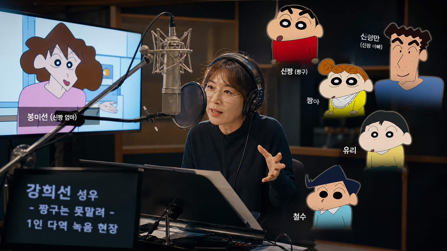 녹음실에서 다양한 캐릭터를 연기하는 강희선 성우의 활기찬 모습