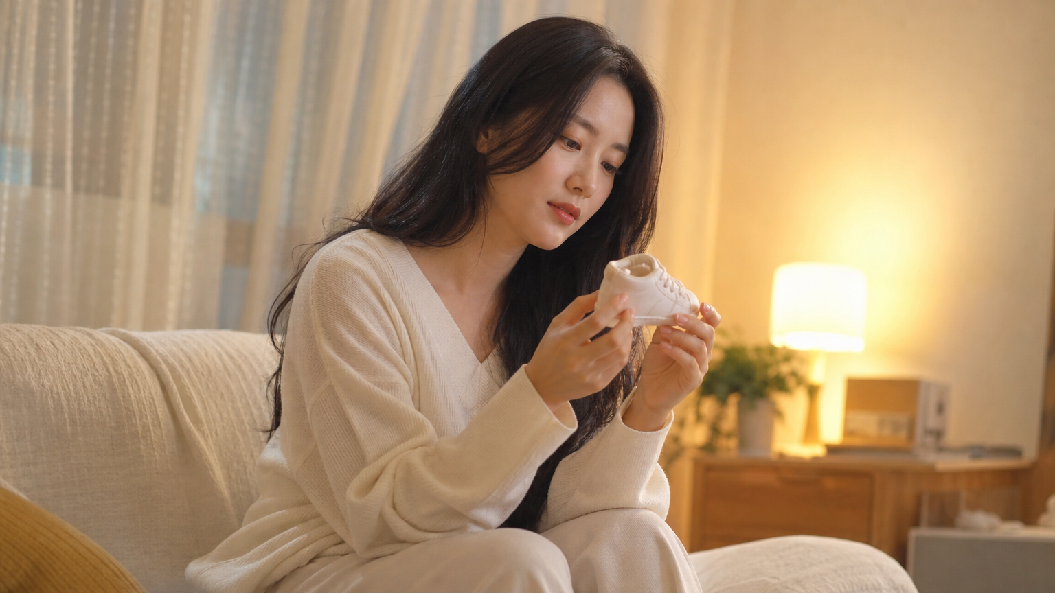 아늑한 소파에 앉아 작은 아기 신발을 들고 있는 여성의 생각에 잠긴 모습