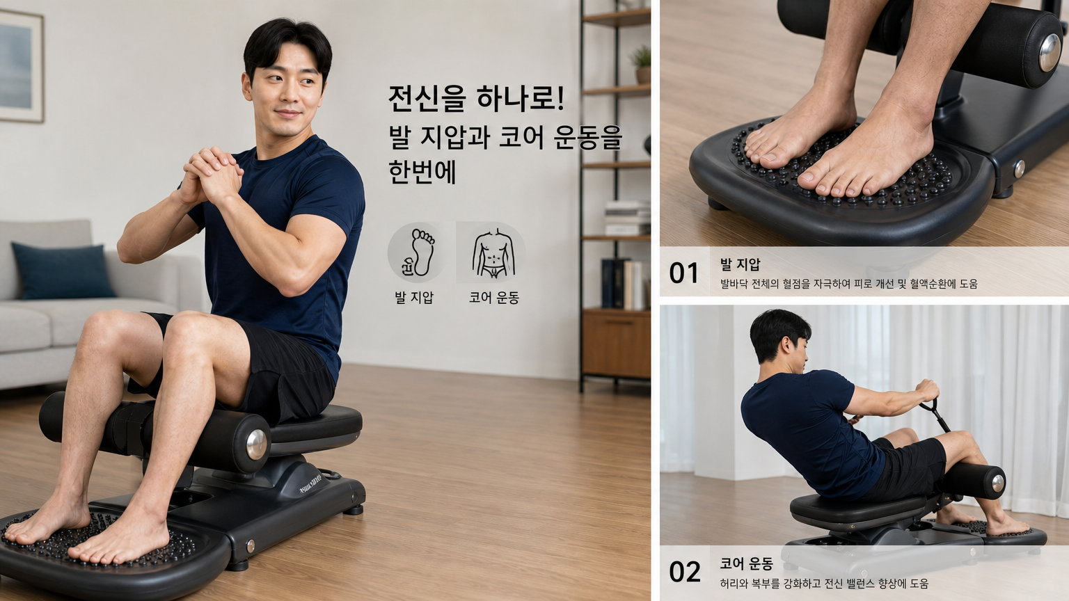 성인이 가정에서 피트니스 기기를 이용해 전신 운동을 수행하는 모습