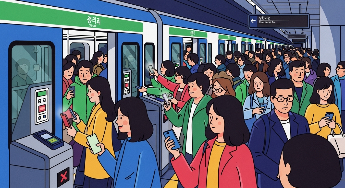 바쁜 출퇴근 시간에 지하철을 타고 있는 다양한 사람들의 모습