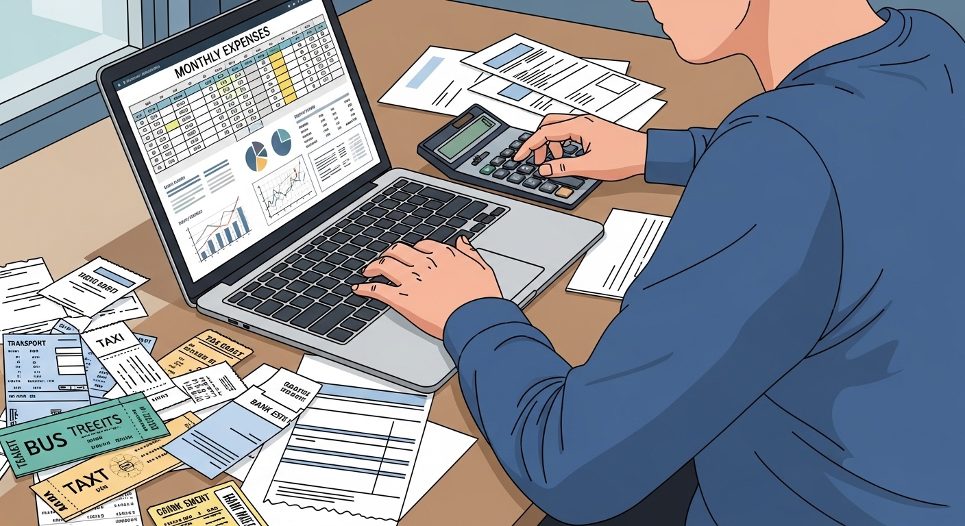 노트북과 계산기를 이용하여 월간 지출을 분석하는 사람의 모습
