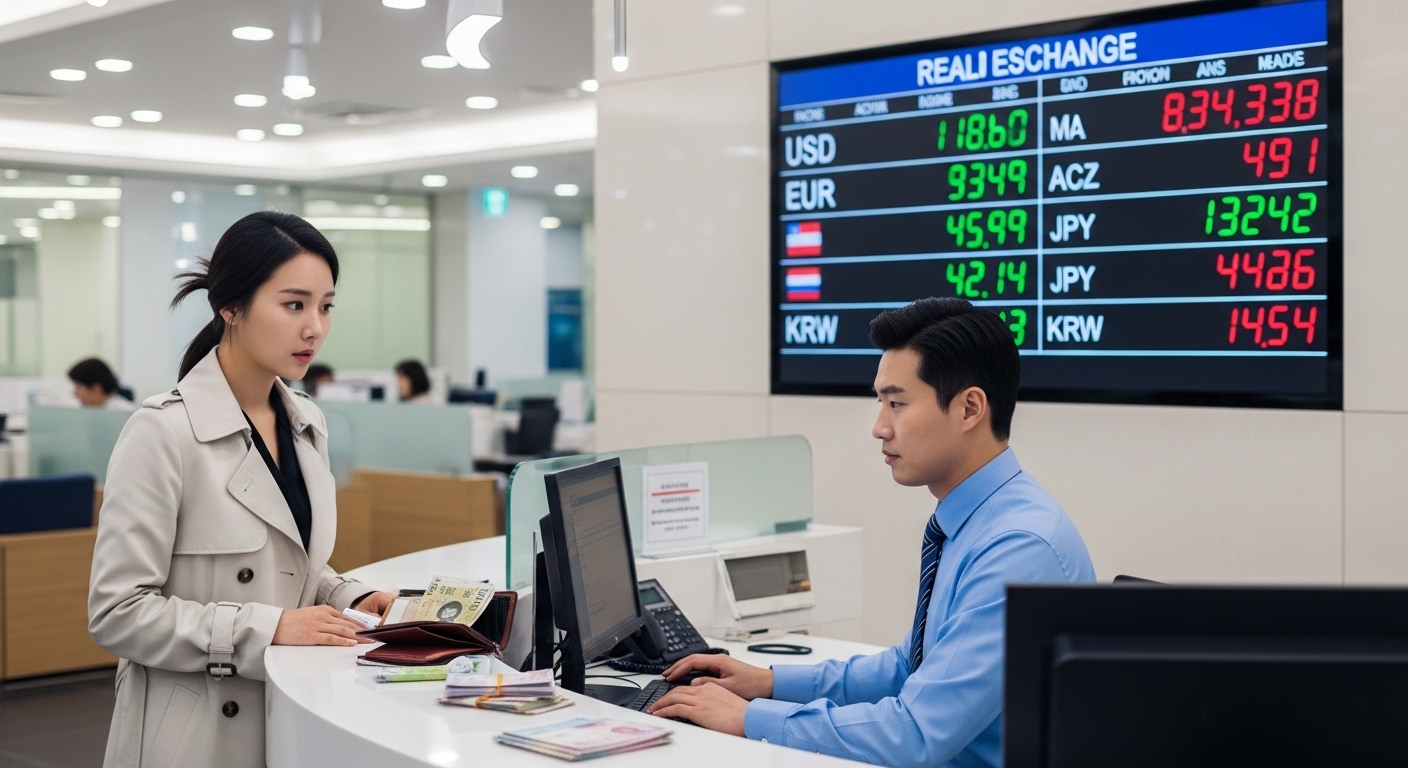 은행에서 환전하는 여행자의 모습