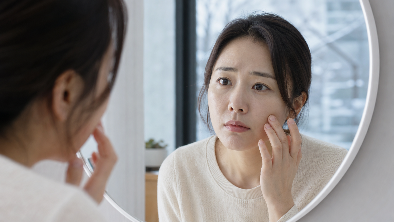 실내에서 거울을 보며 건조한 피부를 걱정하는 여성의 모습