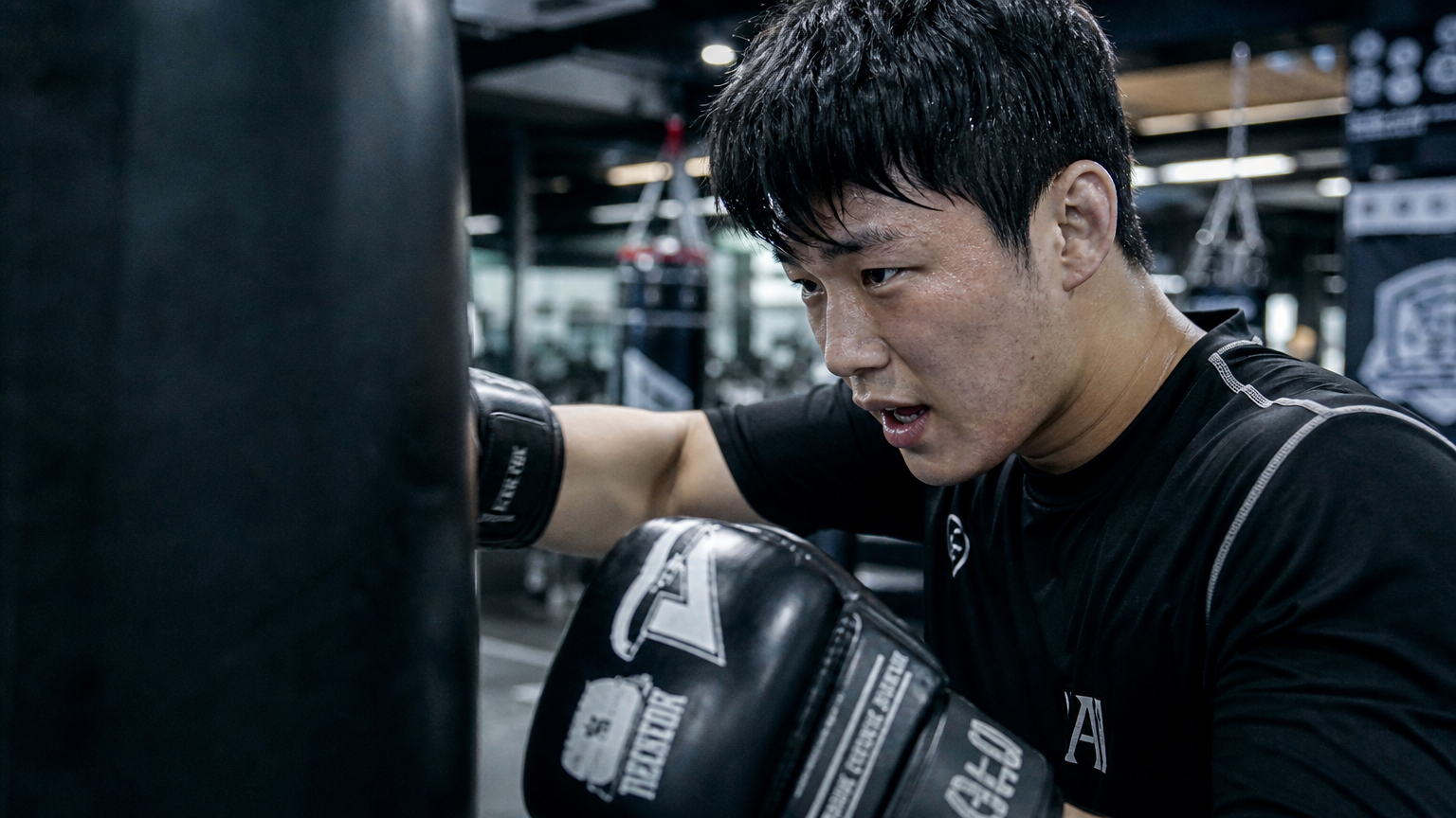 체육관에서 집중하여 훈련하는 모습의 MMA 파이터