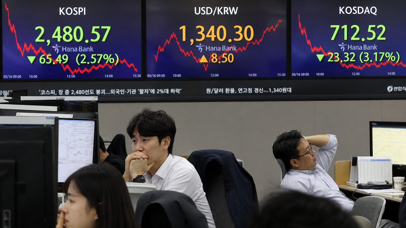 주식시장의 지수가 변동하는 화면을 보고 있는 투자자들