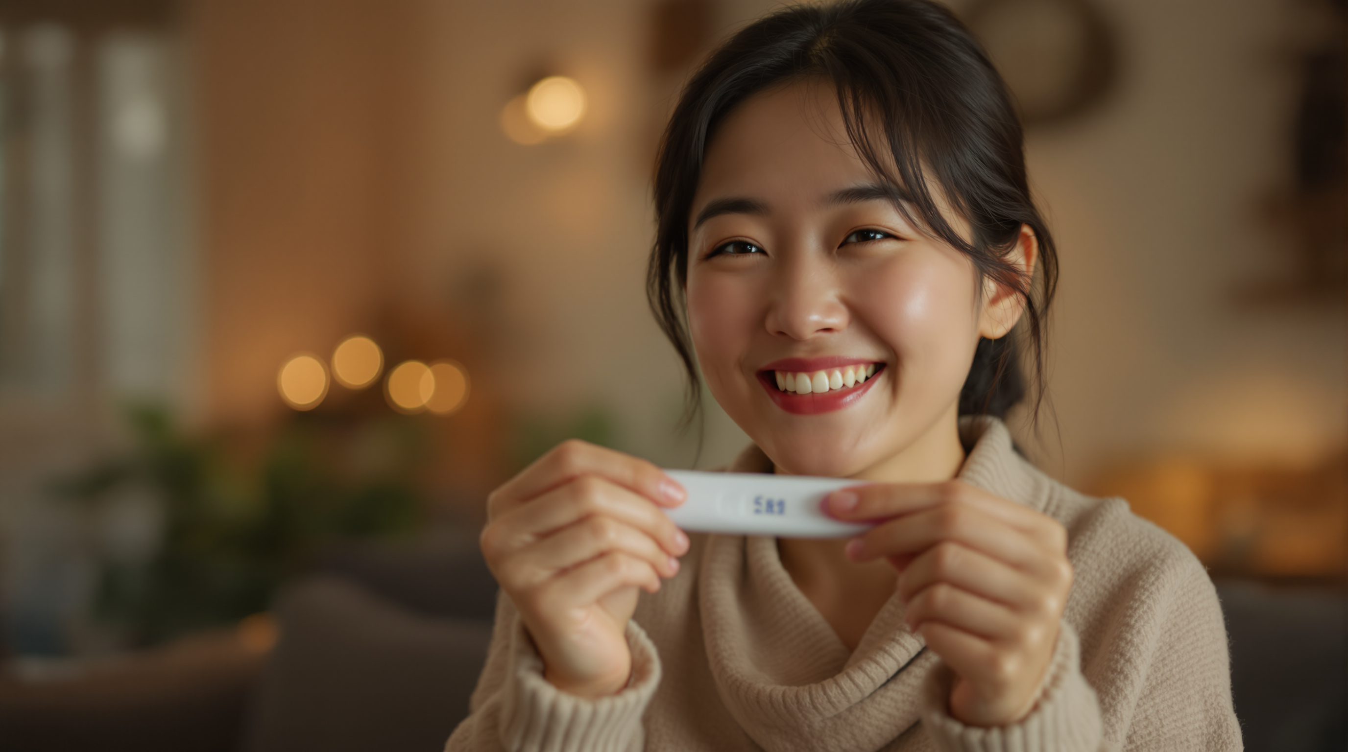 거실에서 행복하게 임신 테스트기를 보고 있는 중년 여성