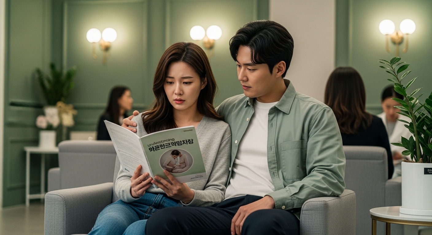 불임 치료 관련 브로셔를 보며 고민하는 한국인 부부