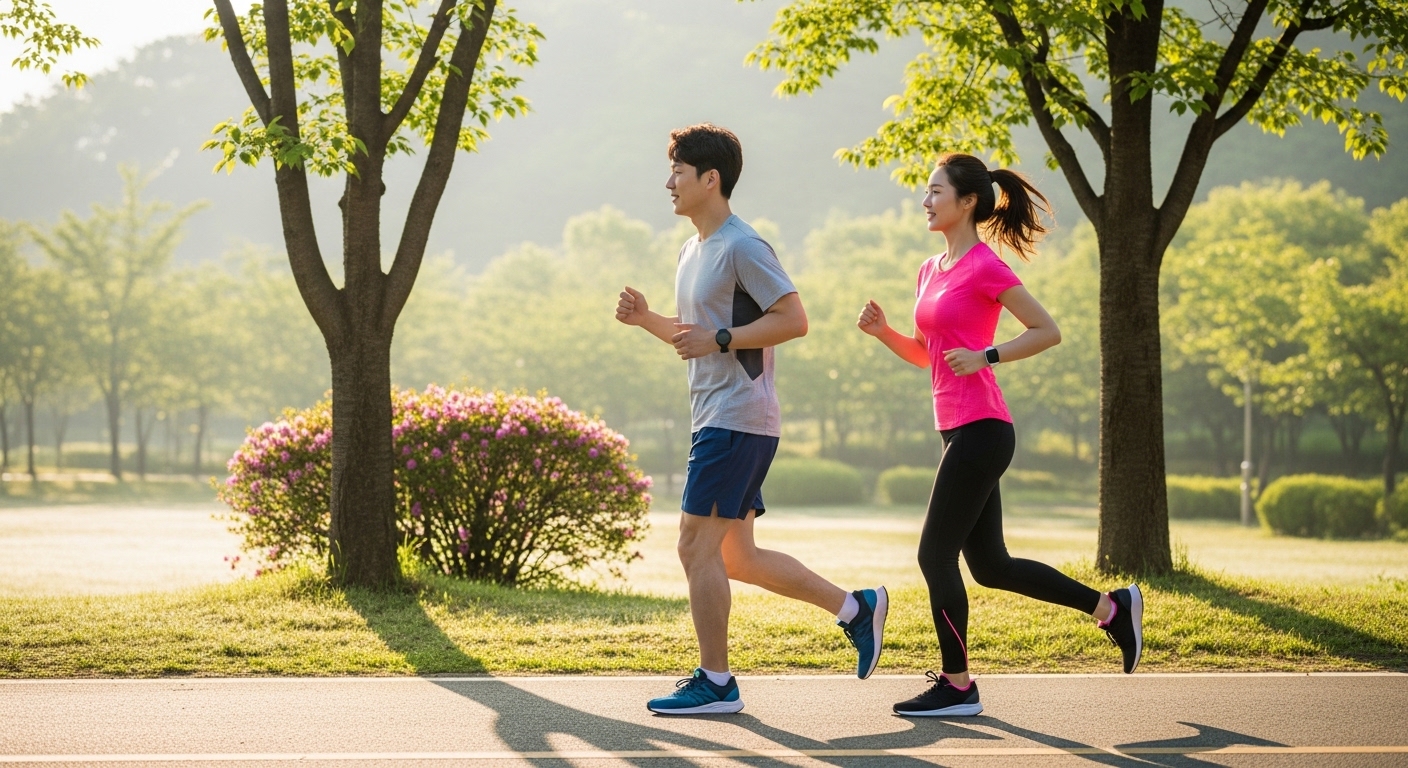 공원에서 아침 운동으로 건강 관리를 하는 한국인 부부