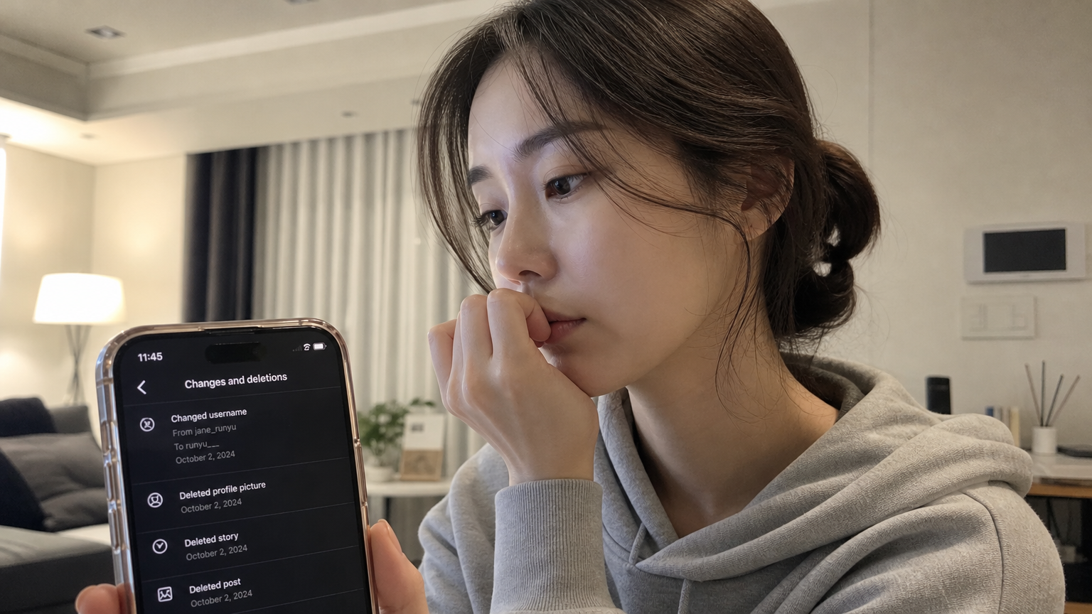자신의 인스타그램 프로필 변경 내용을 확인하는 한국 여성의 모습