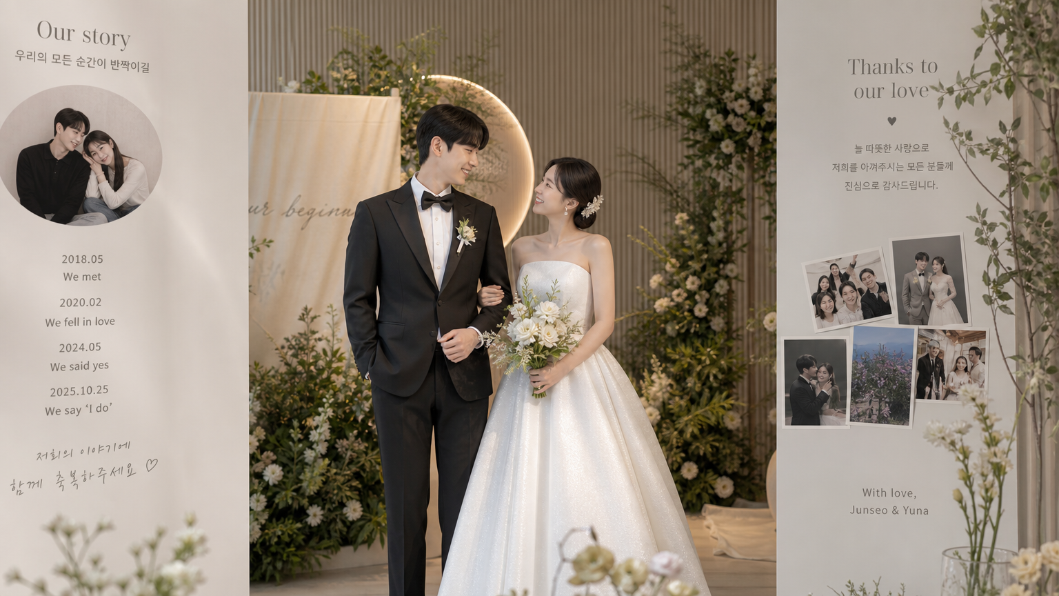 개인적인 이야기를 담아 특별한 분위기로 꾸며진 세련된 웨딩 현장