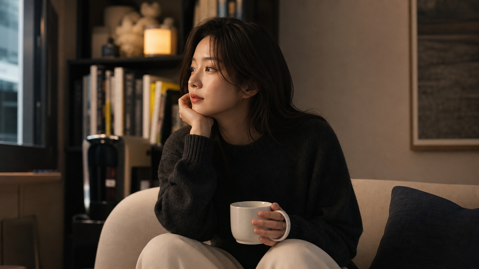 현대적인 아파트 거실에서 커피를 들고 생각에 잠긴 여성