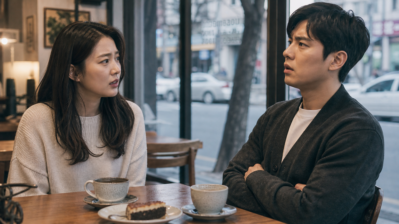 도심 카페에서 긴장된 대화를 나누는 한 쌍의 모습