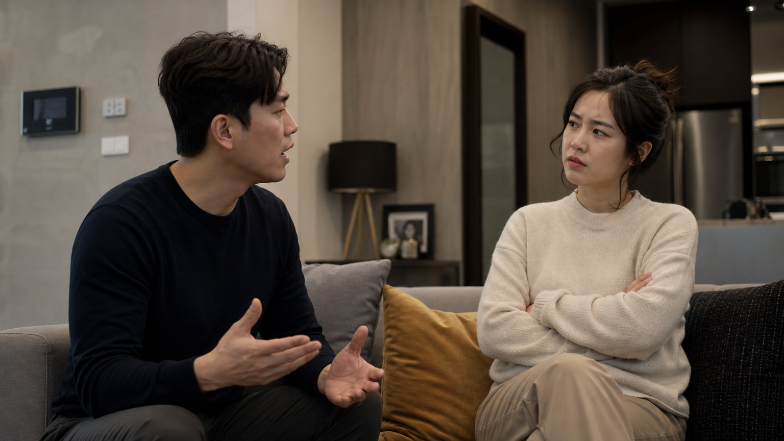 집 안에서 한쪽이 말을 하고 상대가 답답해하는 모습