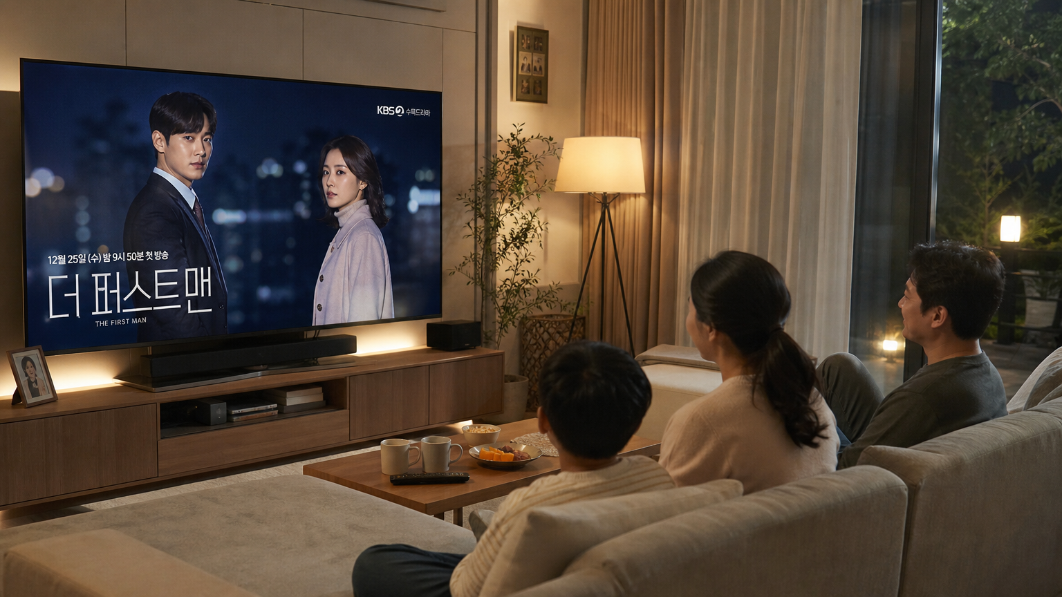 현대적인 거실에서 가족이 모여 드라마 '첫 번째 남자'를 시청하는 장면