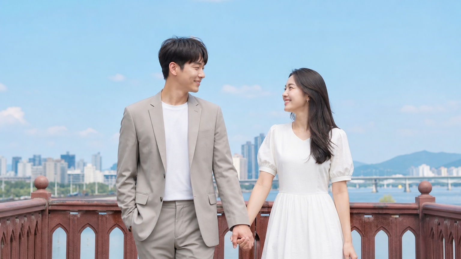 맑은 하늘 아래 다리 위에서 손을 잡고 미소 짓는 현대적인 커플