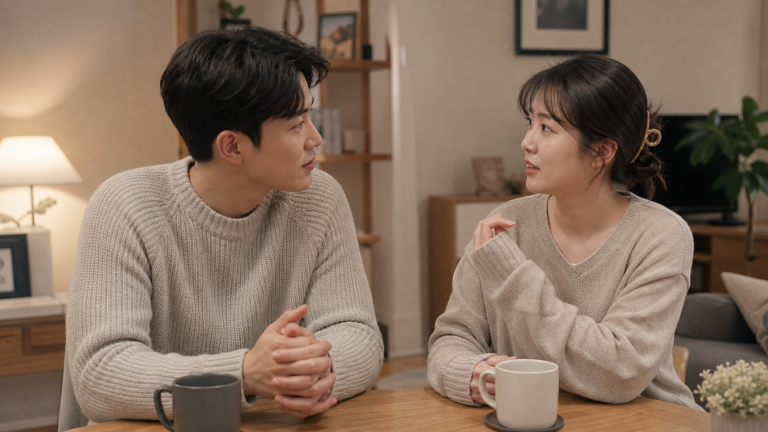 따뜻한 집안에서 커피를 마시며 깊은 대화를 나누는 커플