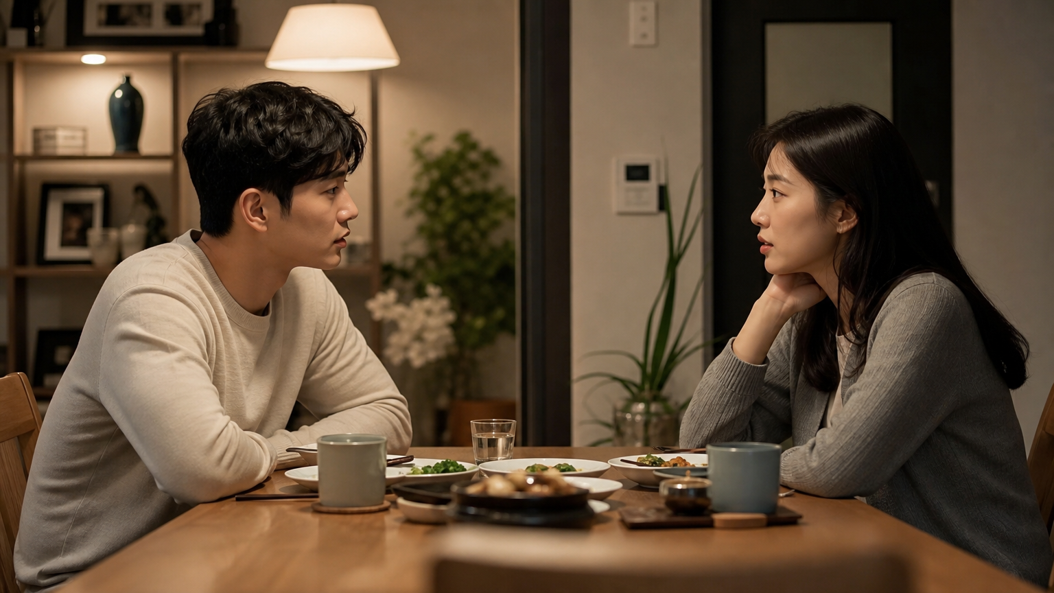 식탁에 마주 앉아 진지하게 소통하는 커플