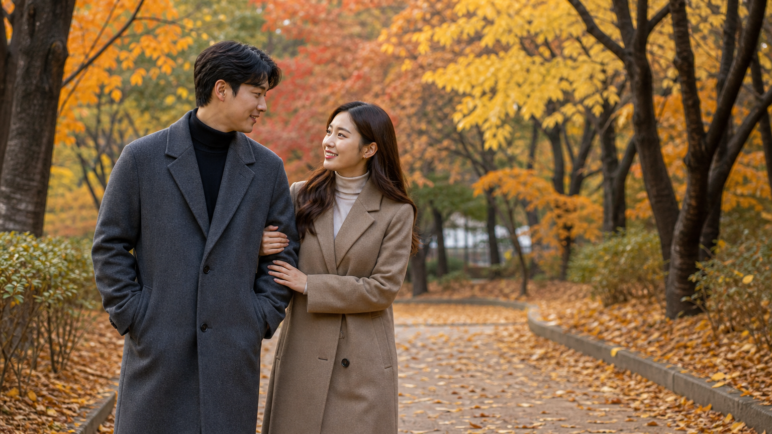가을 공원에서 산책하며 서로 존중하고 애정을 표현하는 커플