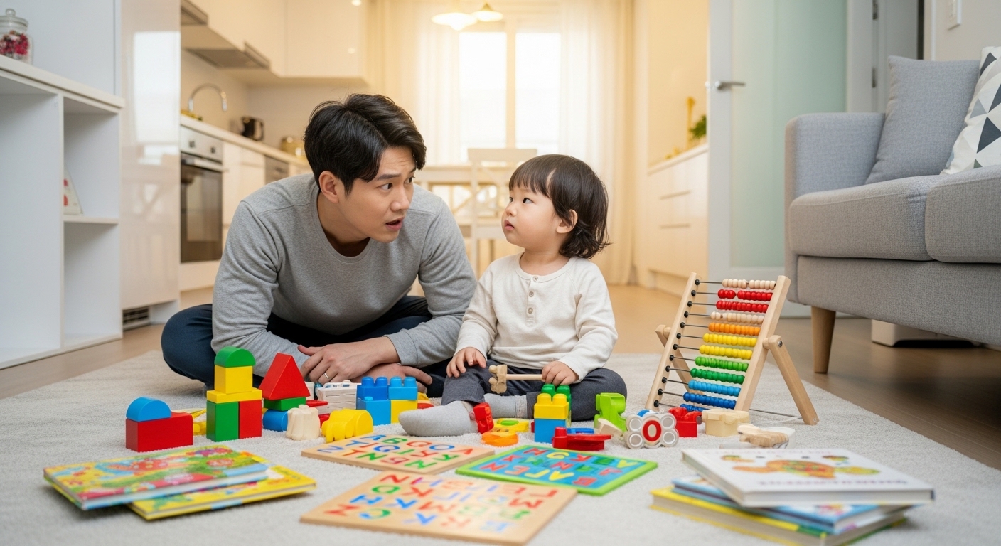 한국 부모가 현대식 아파트에서 어린아이를 걱정스럽게 바라보는 모습