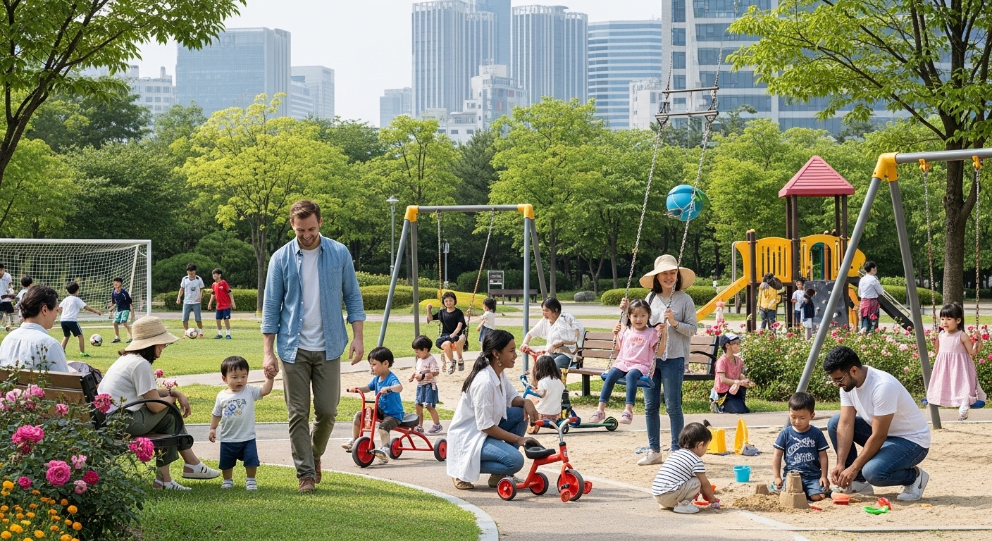 서울 공원에서 다양한 연령대의 아이들이 어울려 노는 모습을 지켜보는 부모들