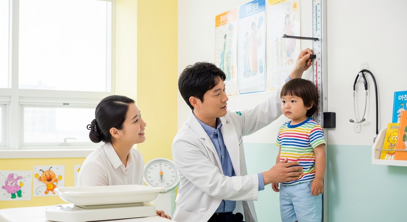 한국 소아과에서 유아의 키와 몸무게를 측정하는 장면