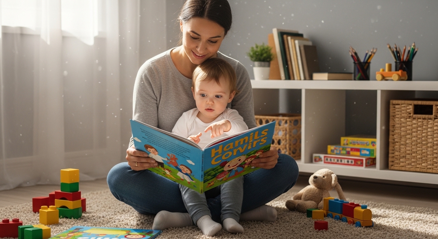 부모가 집에서 유아에게 그림책을 읽어주는 장면