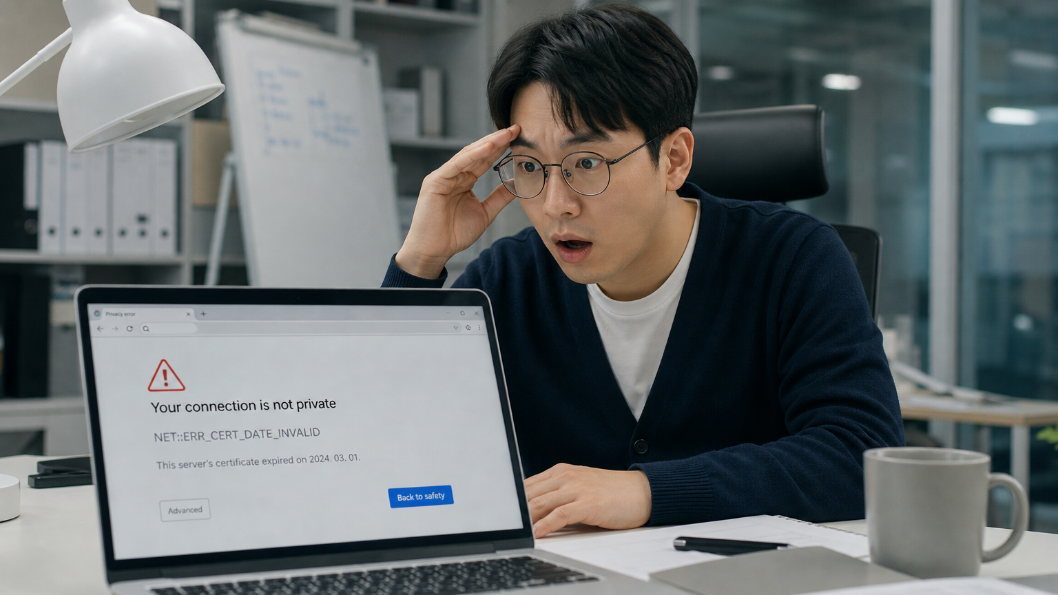 사무실에서 노트북 화면을 보고 놀란 성인