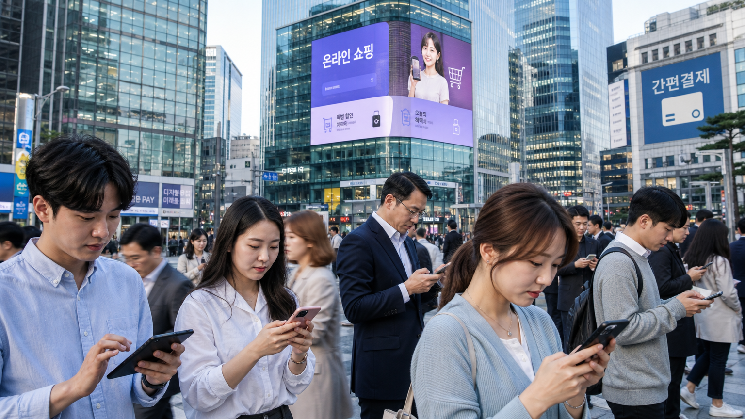 도심 속 다양한 사람들이 온라인 거래를 하는 모습
