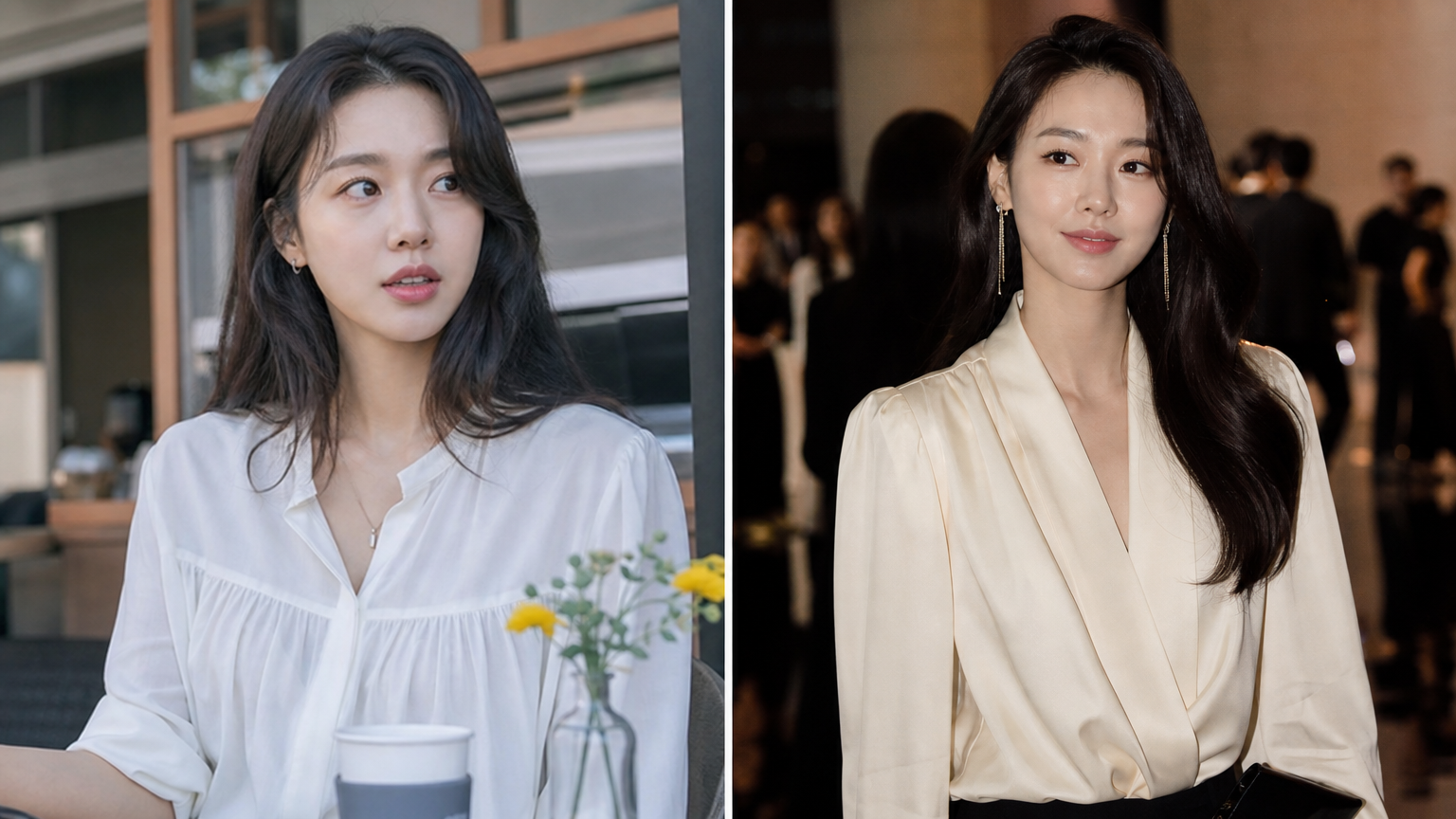 세련된 블라우스를 입은 배우가 다양한 환경에서 스타일리시한 모습을 보여주는 장면