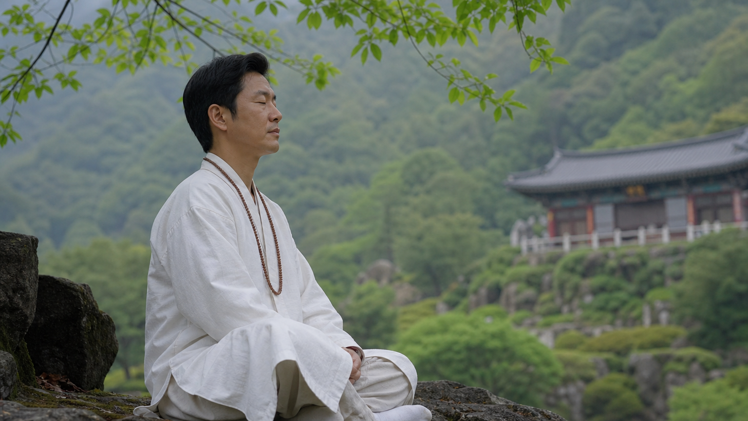 백중기도 후 자연 속에서 조용히 명상하는 한국인의 모습
