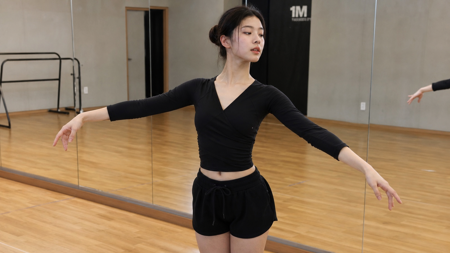 발레리나에서 K-POP 아이돌로 변화하는 젊은 여성의 연습 장면