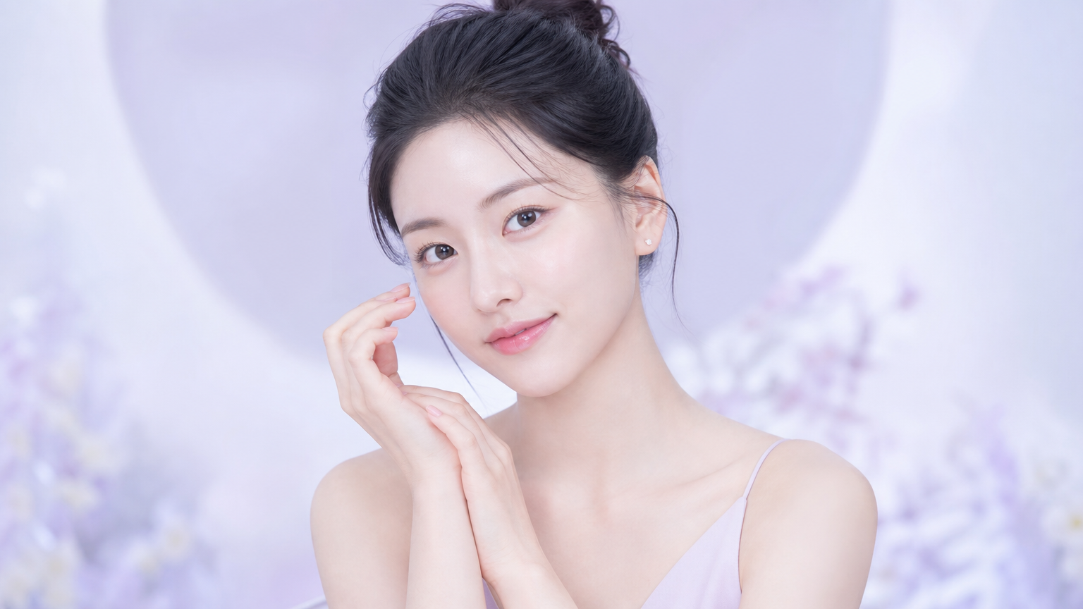 맑고 깨끗한 외모로 뷰티 브랜드 촬영에 임하는 여성 아이돌