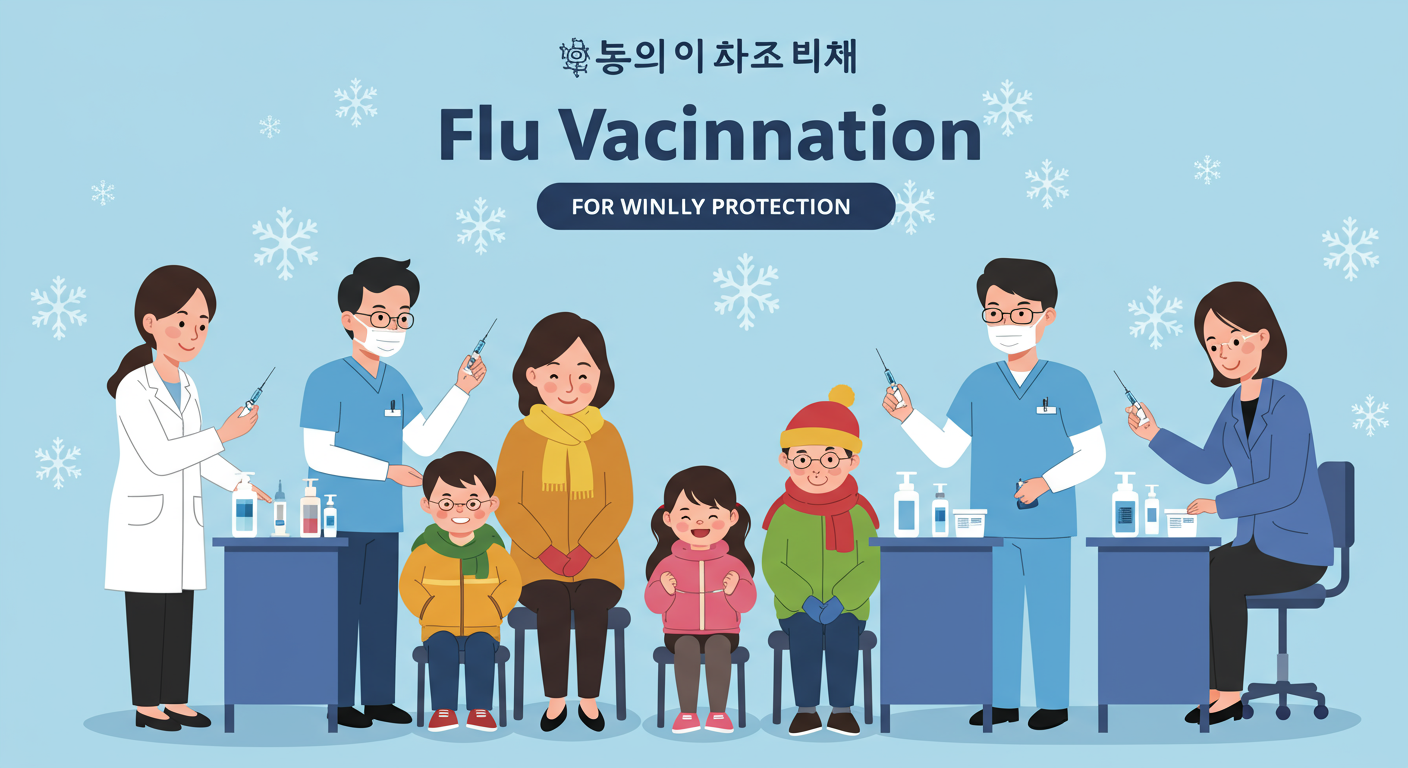 다양한 가족과 의료진이 포함된 겨울철 독감 예방 접종 홍보 포스터