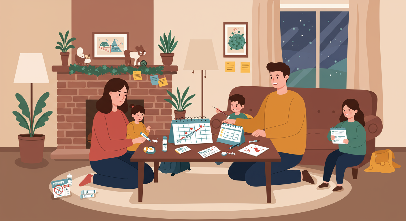 가정에서 겨울 준비를 하며 건강 관리를 위해 예방접종 스케줄을 계획하는 가족의 따뜻한 장면