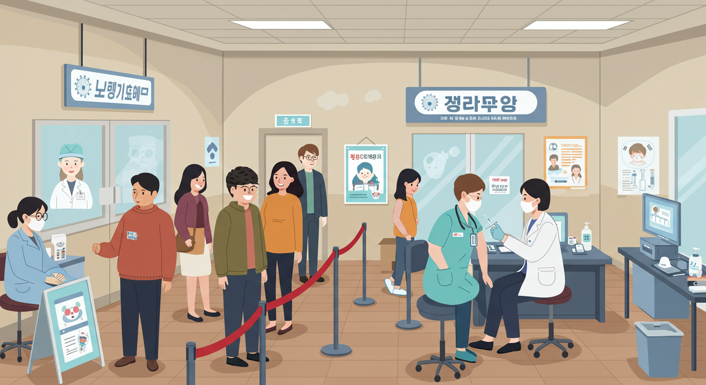 예방접종센터에서 많은 사람들이 독감 예방주사를 맞는 장면