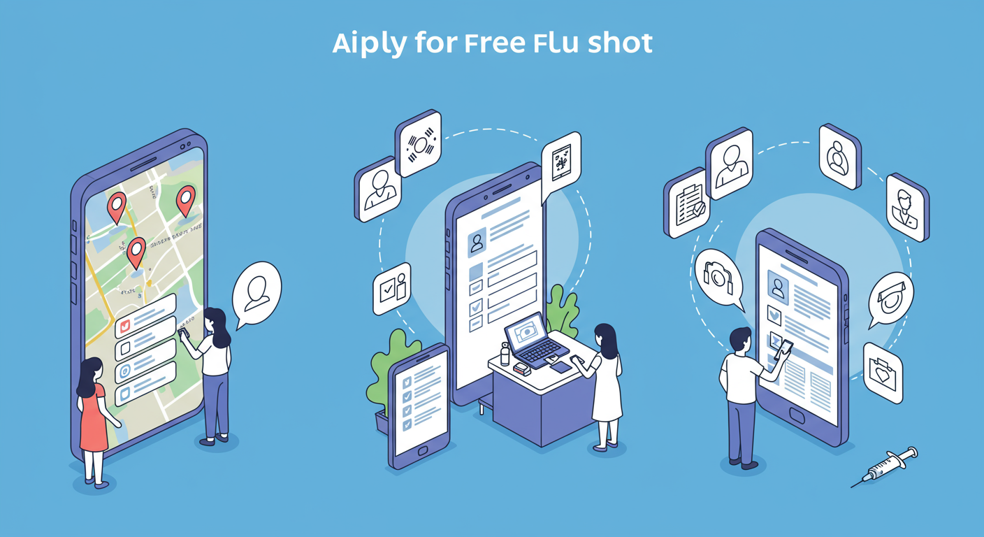 스마트폰을 활용하여 간편하게 독감 주사를 신청하고 병원을 방문하는 과정 안내