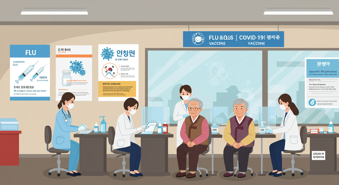 노인들이 한 번에 독감과 코로나19 백신을 맞고 있는 병원 내부 장면