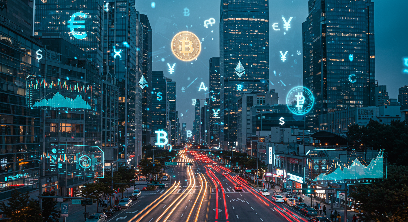 금융 중심지에서 디지털 화폐 상징이 하늘에 떠있는 모습