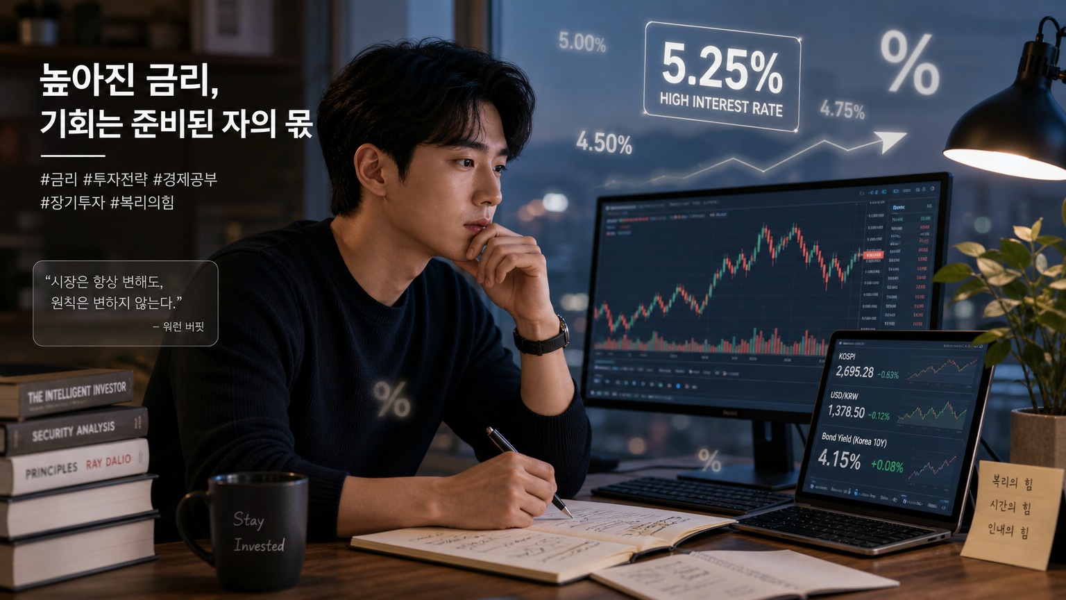 금융 차트를 분석하며 높은 금리 기호가 주변에 있는 투자자