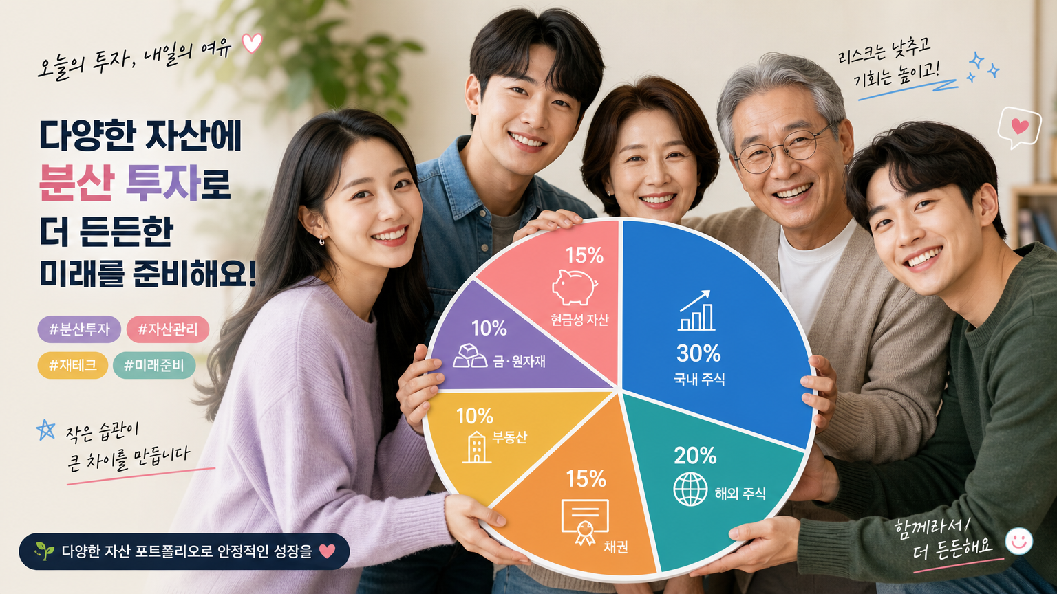 다양한 자산 포트폴리오를 시각화한 색색의 원형 차트를 들고 있는 여러 한국인들