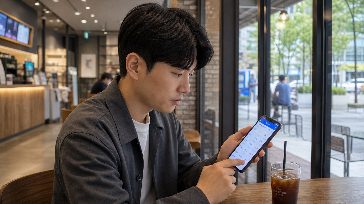 한 남성이 카페에서 스마트폰 앱으로 유류 가격을 확인하는 모습